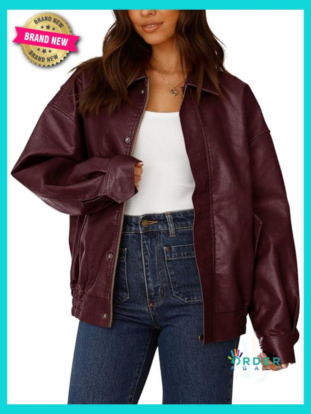 Faux Leather Motorcycle Jacket Oversized Trendy Zip Up Winter Coat